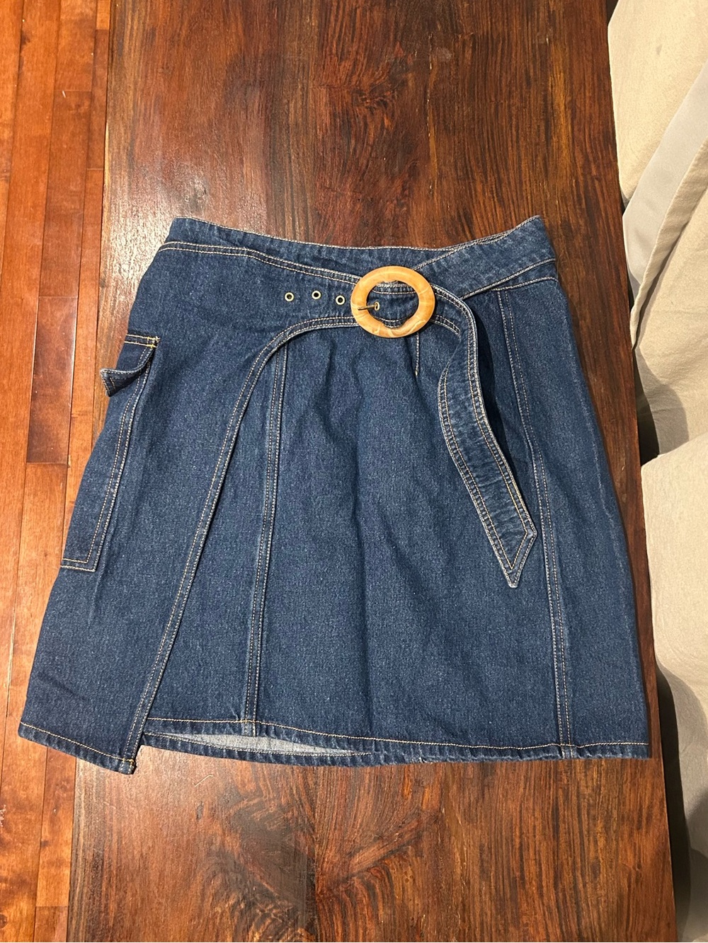 Anthropologie Denim Midi Skirt with Wood Ring Belt - Blue